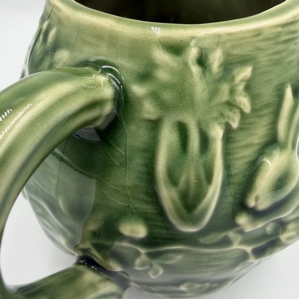 Vintage Bordallo Pinheiro Creamer & Lidded Sugar Bowl Rabbit Green Majolica Set